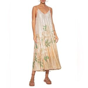 Farm Rio Gold Magic Floral Sequin Midi Dress L